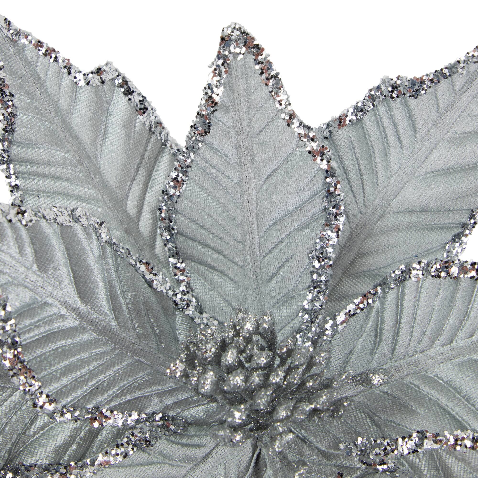 25" Glittered Silver Poinsettia Christmas Floral Pick 25 Bed Bath